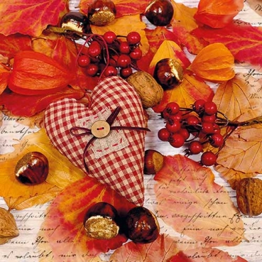 20er Pack Servietten Herz auf Herbstlaub, 33 x 33 cm