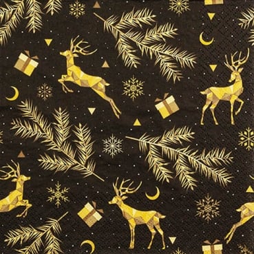 20er Pack Servietten Glanzvolle Weihnachten mit Hirschen in Schwarz/Gold, 33 x 33 cm