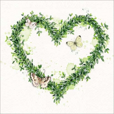 20er Pack Servietten Hochzeit, Buchsherz in Grün/Weiß, 33 x 33 cm