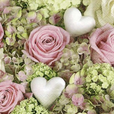 20er Pack Servietten Hochzeit, Weiße Herzen in Rosen, 33 x 33 cm