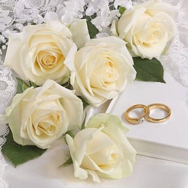 20er Pack Servietten Hochzeit, Weiße Rosen & Goldene Eheringe, 33 x 33 cm