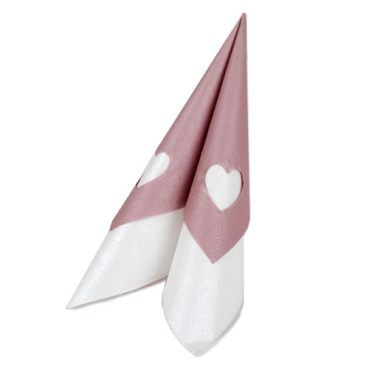 Servietten Kombi-Set 10 + 10, Hochzeit mit Herz in Altrosa/Weiß, Glanzeffekt
