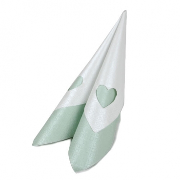 Servietten Kombi-Set 10 + 10, Hochzeit mit Herz in Mintgrün/Weiß, Glanzeffekt