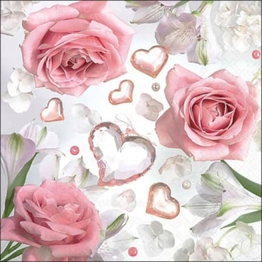 20er Pack Servietten Hochzeit, Rosen & Herzen in Altrosa/Rosa, 33 x 33 cm