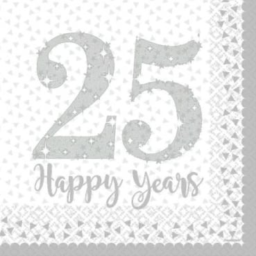 16er Pack Servietten Silberhochzeit, 25 Happy Years,  33 x 33 cm