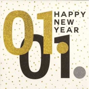 20er Pack Servietten Silvester, Neujahr, Zahlen in Schwarz/Gold, 33 x 33 cm