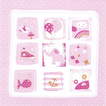 20er Pack Servietten Taufe, Babymotive in Rosa, 33 x 33 cm