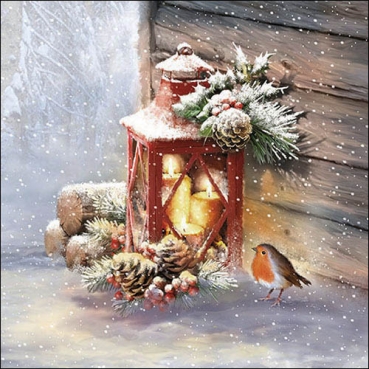 20er Pack Servietten Rotkehlchen & Weihnachtslaterne im Schnee, 33 x 33 cm