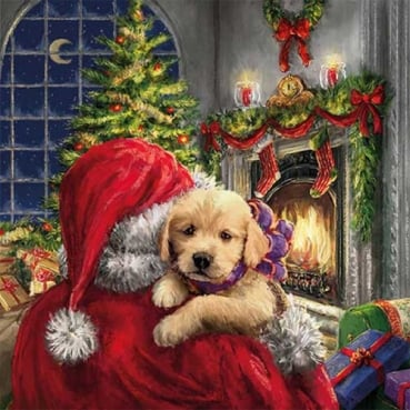 20er Pack Servietten Weihnachten, Weihnachtsmann bringt Hundewelpe, 33 x 33 cm