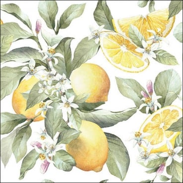 20er Pack Servietten Zitronen mit Blütenzweig, 33 x 33 cm