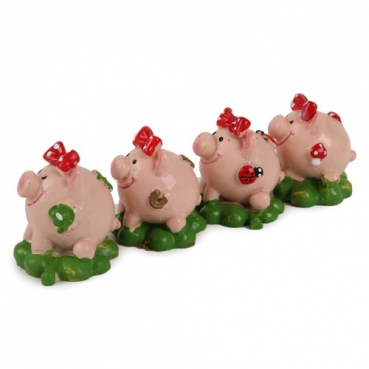 4 Silvester Glücksschweinchen mit roter Schleife und Glückssymbolen, 32 mm