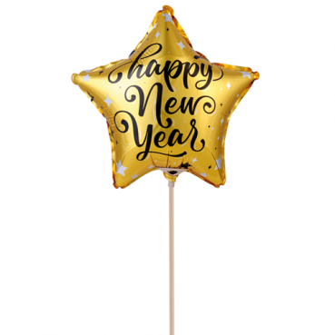 Folien Luftballon Silvester Stern in Gold, mit Luft befüllt, mit Holzstab, 21 cm