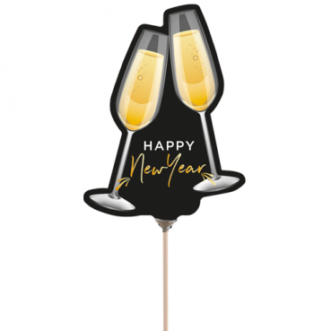 Folien Luftballon Silvester Sektgläser, mit Luft befüllt, mit Holzstab, 26 cm