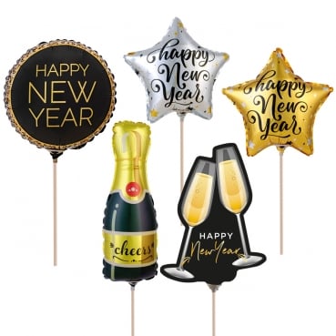 5er Set Folien Luftballons Silvester mit Luft befüllt & Holzstab, 17 - 28 cm