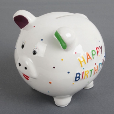Keramik Sparschwein, Geburtstag -Happy Birthday-, 13 cm