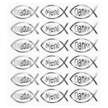 Klebe Sticker Fisch, Einladung, Menü, Danke in Silber