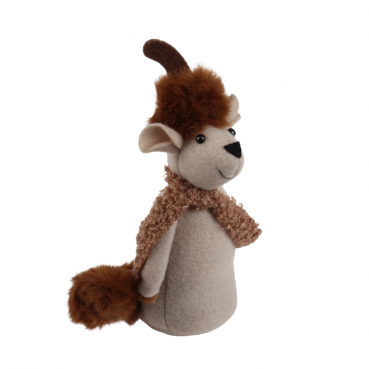 Stoff Winter Maushörnchen mit Schal in Hellbraun, gefüllt mit Sand, 16 cm, Seitenansicht.