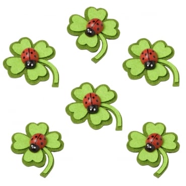 6 Filz Streudeko Kleeblätter mit Marienkäfer, 35 mm