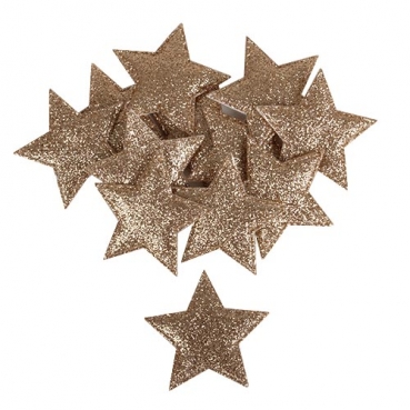 12 Stoff Sterne in Bronze glitzernd mit Klebepunkt, 49 mm