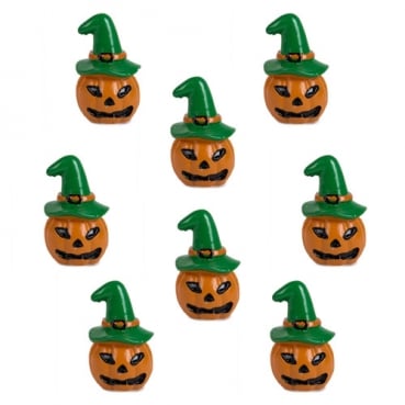 8 Halloween Kürbis Gesichter mit grünem Hut und Klebepunkt, 35 mm