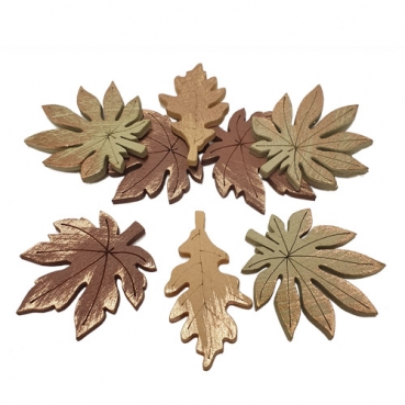 8 Holz Streuteile Herbst Blätter mit Kupferschimmer, 34 - 40 mm