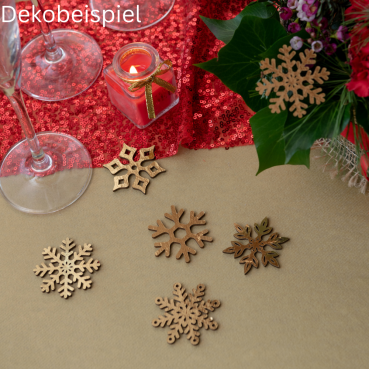 Dekobeispiel mit den Holz Streudeko Winter Eiskristallen in Gold, 50 mm.