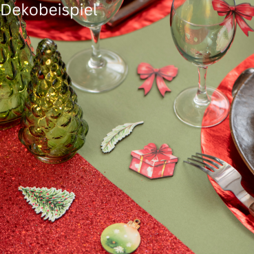 Dekobeispiel mit den Holz Streudeko Weihnachtsmotiven in Grün/Rot, 50 mm.