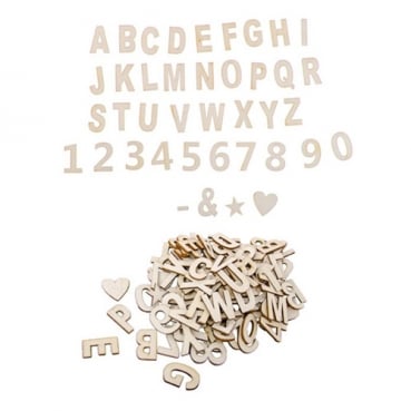 120 Holz Streudeko Buchstaben, Zahlen und Zeichen, mit Klebefolie, zur Einschulung, 27 mm