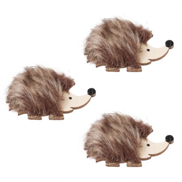 3 Holz Streuteile Igel mit Fell und Klebepunkt, 50 mm