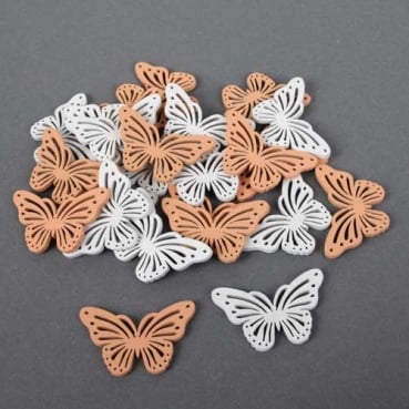 24 Holz Streudeko Schmetterlinge in Apricot/Weiß, 43 mm