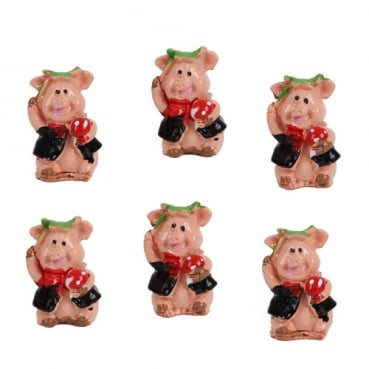 6 Silvester Mini Glücksschweinchen mit Fliegenpilz, 28 mm