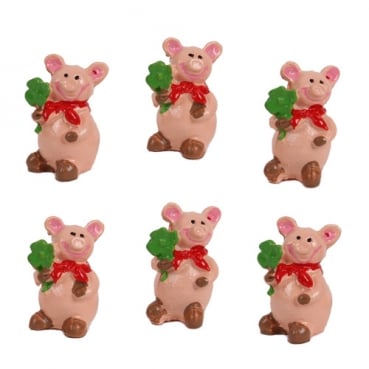 6 Silvester Mini Glücksschweinchen mit Kleeblatt, 25 mm