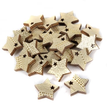 24 Holz Streuteile Sterne in Creme mit Goldverzierung, 20 mm