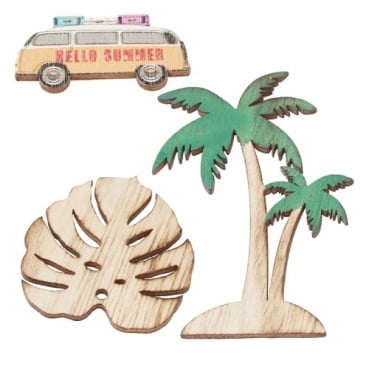 3 Holz Streuteile Sommer, Palme, Monsterablatt, Retro Bus, 50 - 85 mm