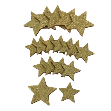 18 Holz Streuteile Weihnachten, Glitzer Sterne in Gold, 30 - 50 mm