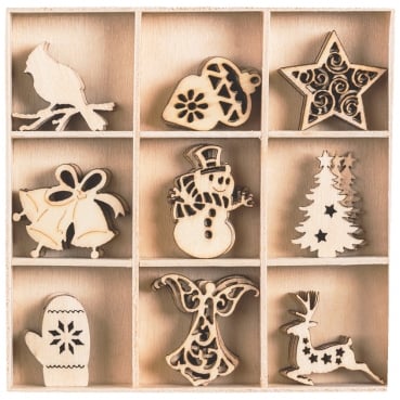 45 Holz Streuteile Weihnachts-Mix, natur, 25 - 30 mm