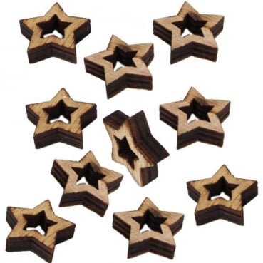 10 kleine Streudeko Holz Sterne, Weihnachten, in Hellbraun geflammt, 33 mm