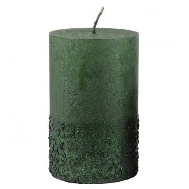 Stumpenkerze Rustic, Calla, Weihnachten in Dunkelgrün mit Glitzer, 110 x 70 mm