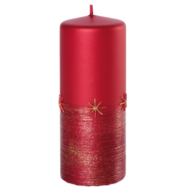Stumpenkerze Weihnachten, Sterne in Rot/Gold, 150 x 60 mm
