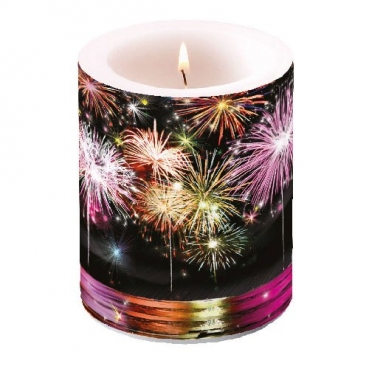 Große Lampion Stumpenkerze Silvester Feuerwerk, 12 cm
