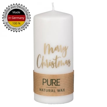Stumpenkerze Pure, Eco, Merry Christmas, Weihnachten in Naturweiß, 130 x 60 mm