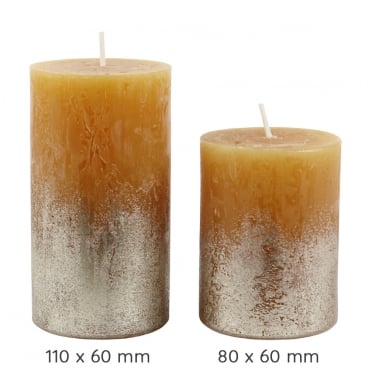 Stumpenkerze Rustic, Levi, Weihnachten in Honiggelb/Silber, 110 x 60 mm und 80 x 60 mm.