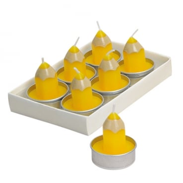 6 Buntstifte Teelichter, Einschulung, in Gelb, 45 mm