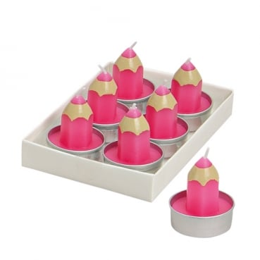 6 Buntstifte Teelichter, Einschulung, in Pink, 45 mm