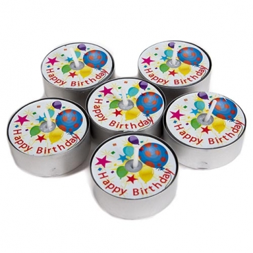6 Teelichter mit ständig sichtbarem -Happy Birthday-