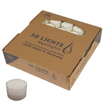 50er Pack Teelichter in Wollweiß, transparente Hülle, 8 h Brenndauer