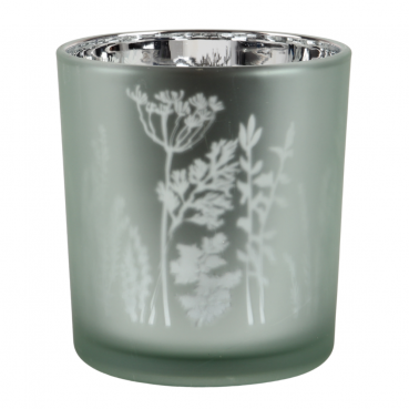 Teelichtglas Blumenwiese in Eukalyptusgrün hell, matt, verspiegelt, 80 mm