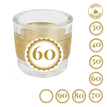 Teelichtglas Geburtstag, Glitzerband in Gold mit auswählbarer Jahreszahl, 65 mm