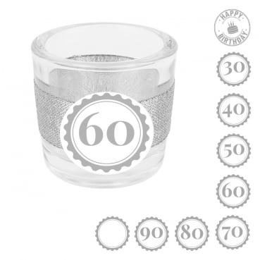 Teelichtglas Geburtstag, Glitzerband in Silber mit auswählbarer Jahreszahl, 65 mm