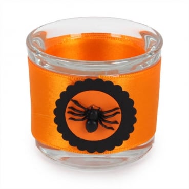 Halloween Teelichtglas, Spinne in Orange/Schwarz, 65 mm